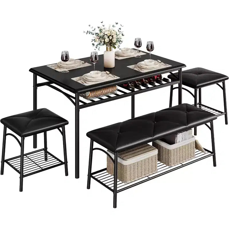 Dining Table Set for 4 with Storage Rack, Kitchen Table w/Upholstered Bench & 2 Chairs, Kitchen Table & Chairs Set for Small Space, Apartment