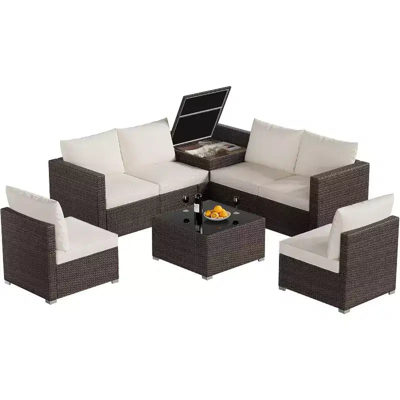 8-Piece Multifunctional Outdoor Patio Set, PE Rattan Sectional Sofa with Coffee Table & Storage Box, Brown & Beige