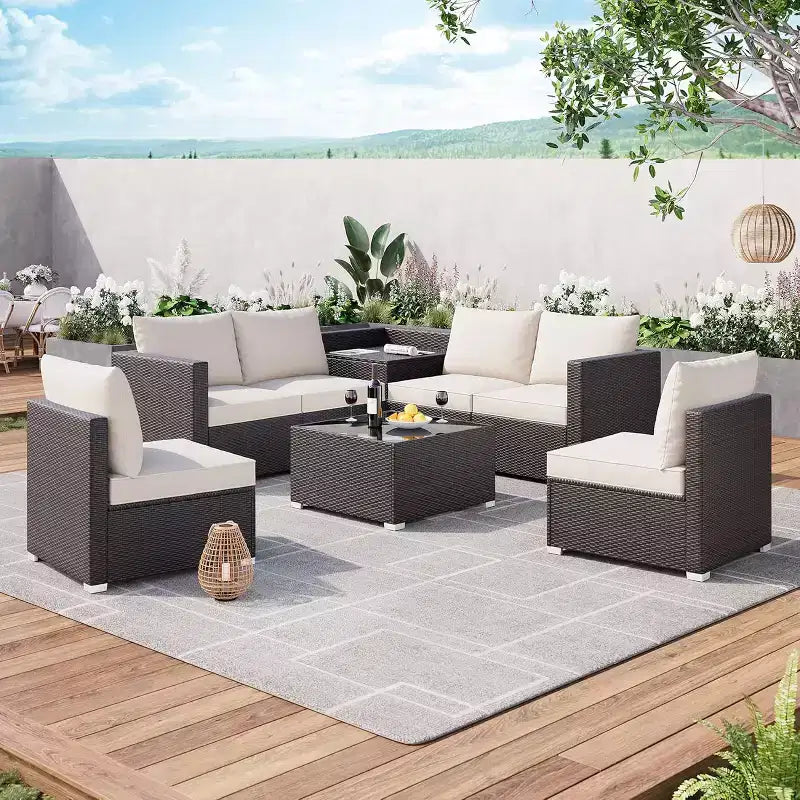 8-Piece Multifunctional Outdoor Patio Set, PE Rattan Sectional Sofa with Coffee Table & Storage Box, Brown & Beige
