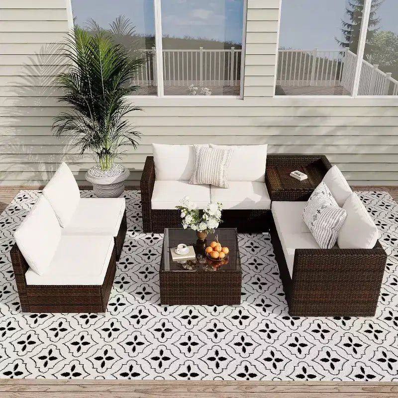 8-Piece Multifunctional Outdoor Patio Set, PE Rattan Sectional Sofa with Coffee Table & Storage Box, Brown & Beige