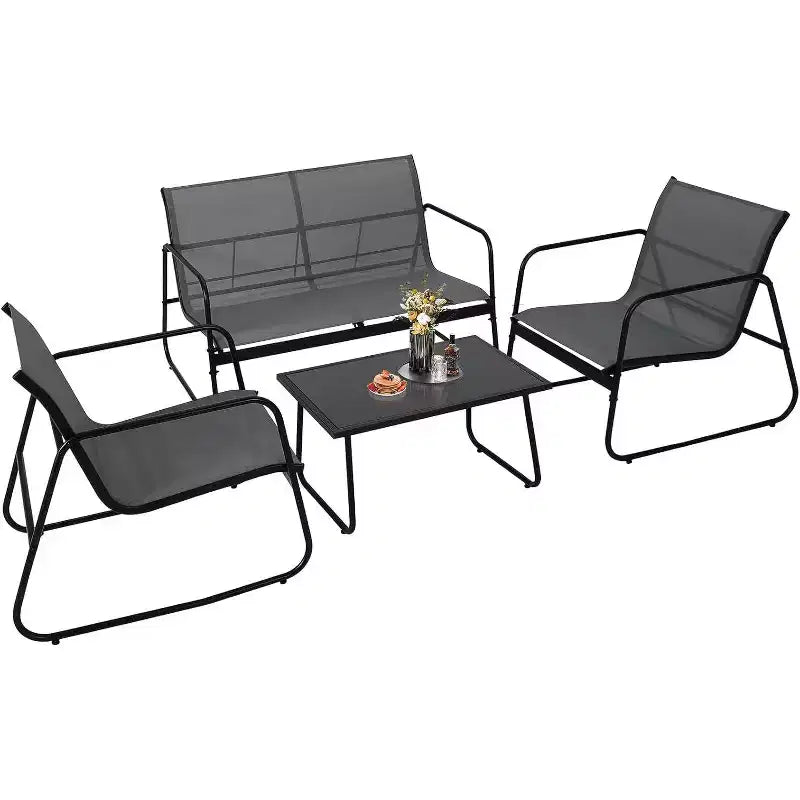 Acekool 4-Piece Outdoor Patio Furniture Set with Textile Fabric Seating, Glass Coffee Table, Loveseat & 2 Chairs for Backyard, Balcony, Porch - Gray