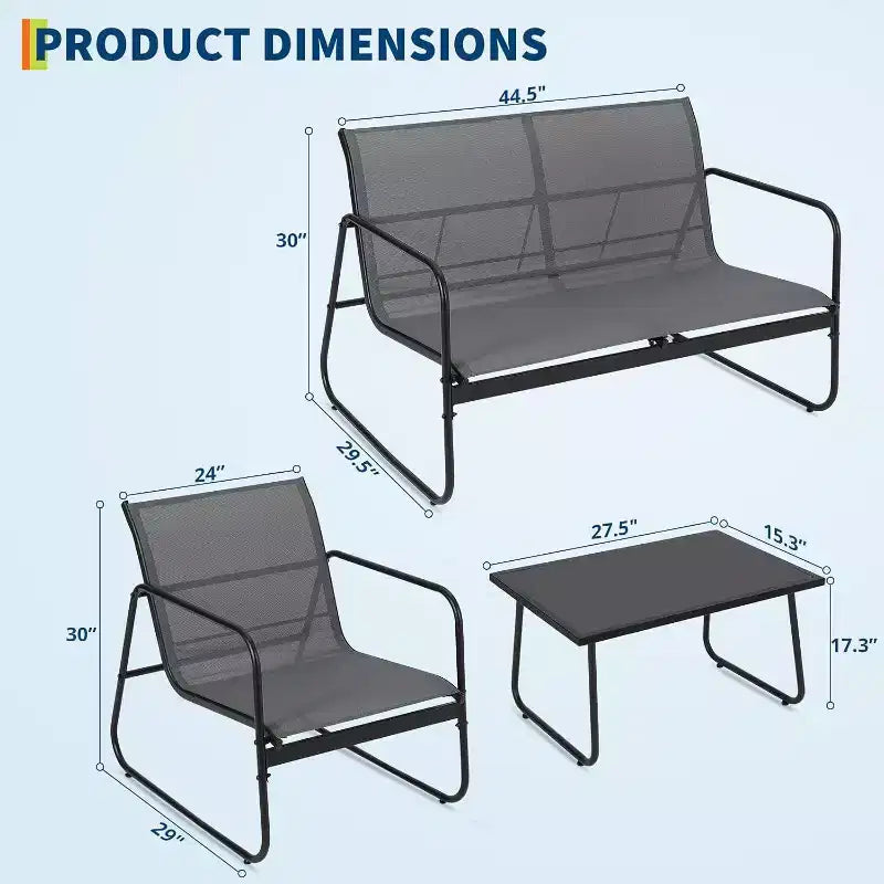 Acekool 4-Piece Outdoor Patio Furniture Set with Textile Fabric Seating, Glass Coffee Table, Loveseat & 2 Chairs for Backyard, Balcony, Porch - Gray