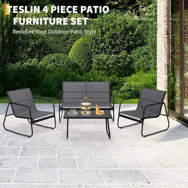 Acekool 4-Piece Outdoor Patio Furniture Set with Textile Fabric Seating, Glass Coffee Table, Loveseat & 2 Chairs for Backyard, Balcony, Porch - Gray