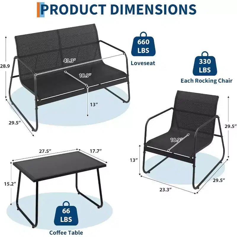 Acekool 4-Piece Outdoor Patio Furniture Set with Textile Fabric Seating, Glass Coffee Table, Loveseat & 2 Chairs for Backyard, Balcony, Porch - Gray