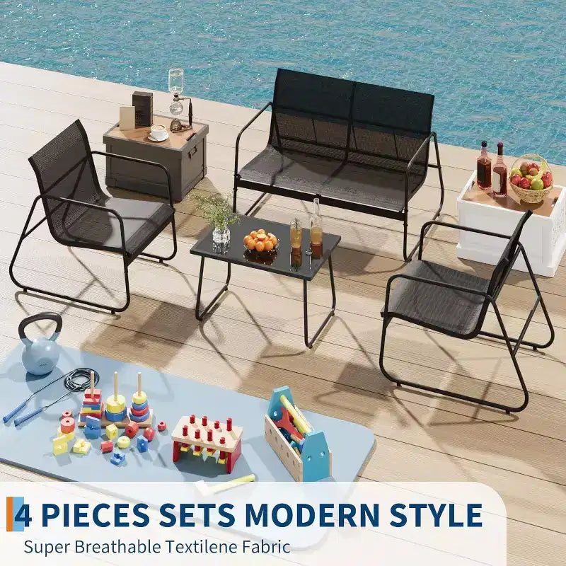 Acekool 4-Piece Outdoor Patio Furniture Set with Textile Fabric Seating, Glass Coffee Table, Loveseat & 2 Chairs for Backyard, Balcony, Porch - Gray
