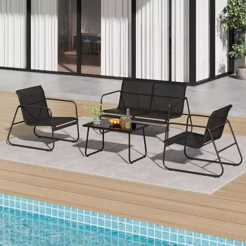 Acekool 4-Piece Outdoor Patio Furniture Set with Textile Fabric Seating, Glass Coffee Table, Loveseat & 2 Chairs for Backyard, Balcony, Porch - Gray