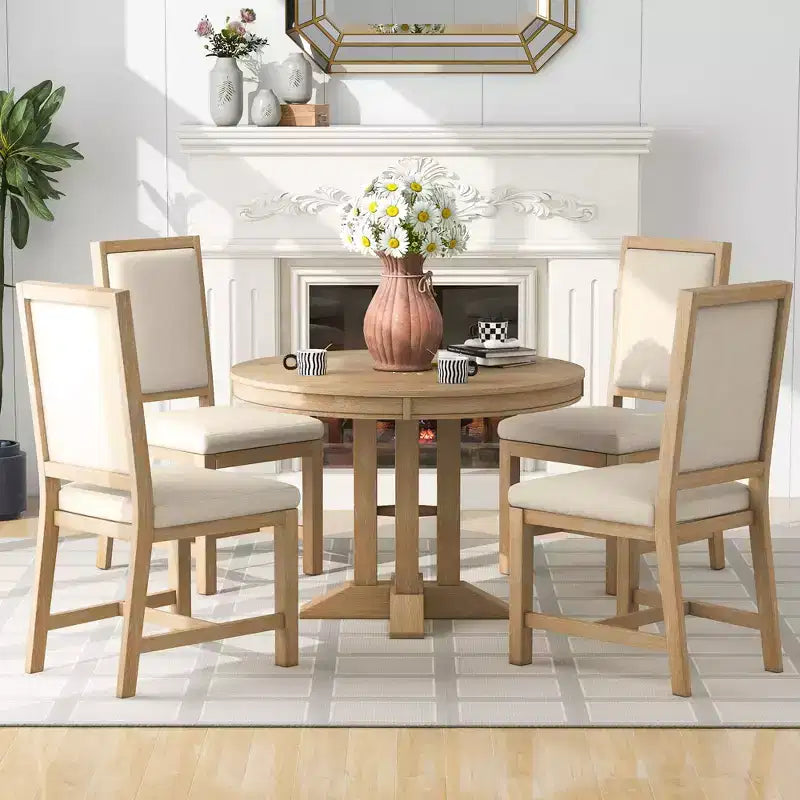 GDFStudio Salome 5 Piece Dining Set with Extendable Round Table and Upholstered Chairs