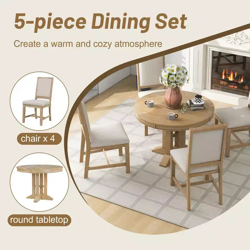 GDFStudio Salome 5 Piece Dining Set with Extendable Round Table and Upholstered Chairs