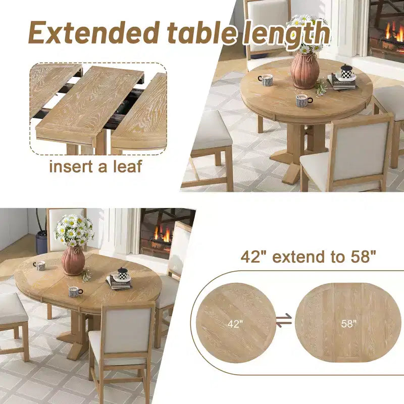 GDFStudio Salome 5 Piece Dining Set with Extendable Round Table and Upholstered Chairs