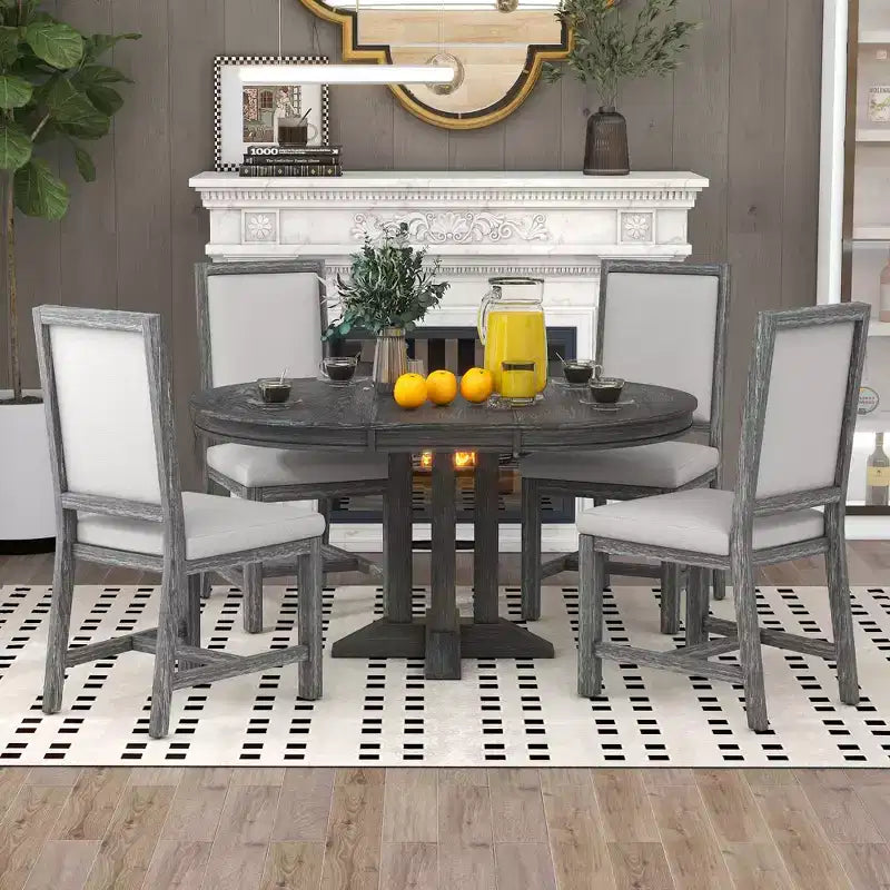 GDFStudio Salome 5 Piece Dining Set with Extendable Round Table and Upholstered Chairs