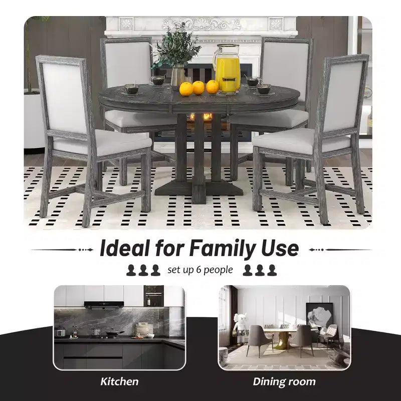 GDFStudio Salome 5 Piece Dining Set with Extendable Round Table and Upholstered Chairs