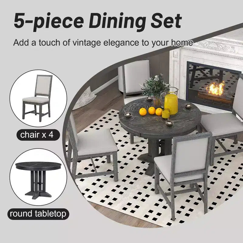 GDFStudio Salome 5 Piece Dining Set with Extendable Round Table and Upholstered Chairs