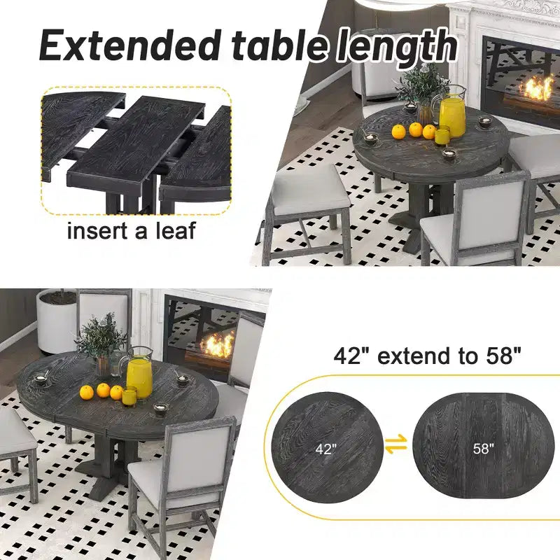 GDFStudio Salome 5 Piece Dining Set with Extendable Round Table and Upholstered Chairs