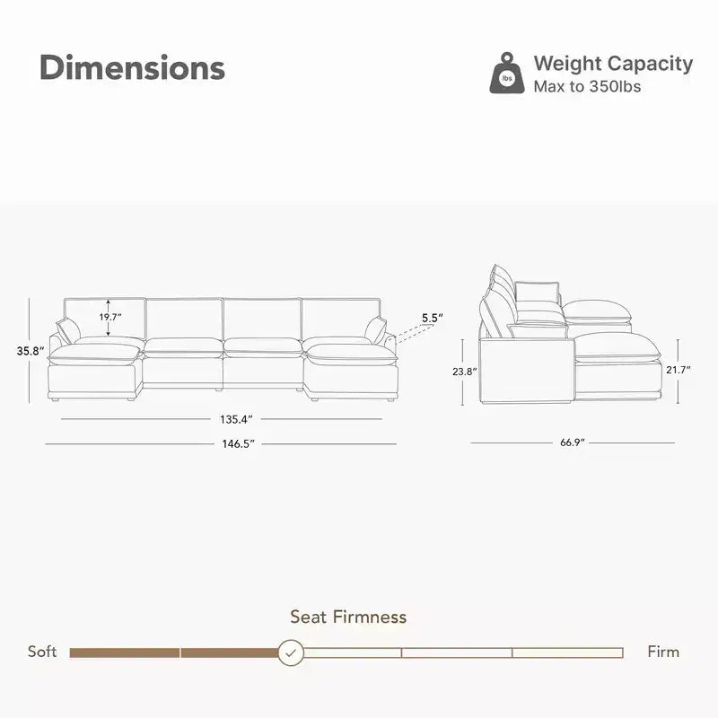 Spruce & Spring Modular Couch Oversized Sectional Sofa for Living Room, Taupe-3PC