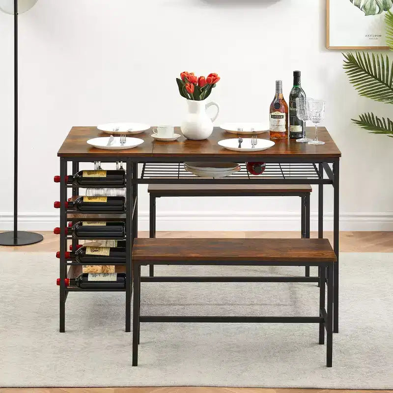 TRINITY Dining Table Set for 4, Kitchen Table Set for 4 with 2 Benches, Rectangular Dining Room Table Set with Wine Rack & Storage Shelves
