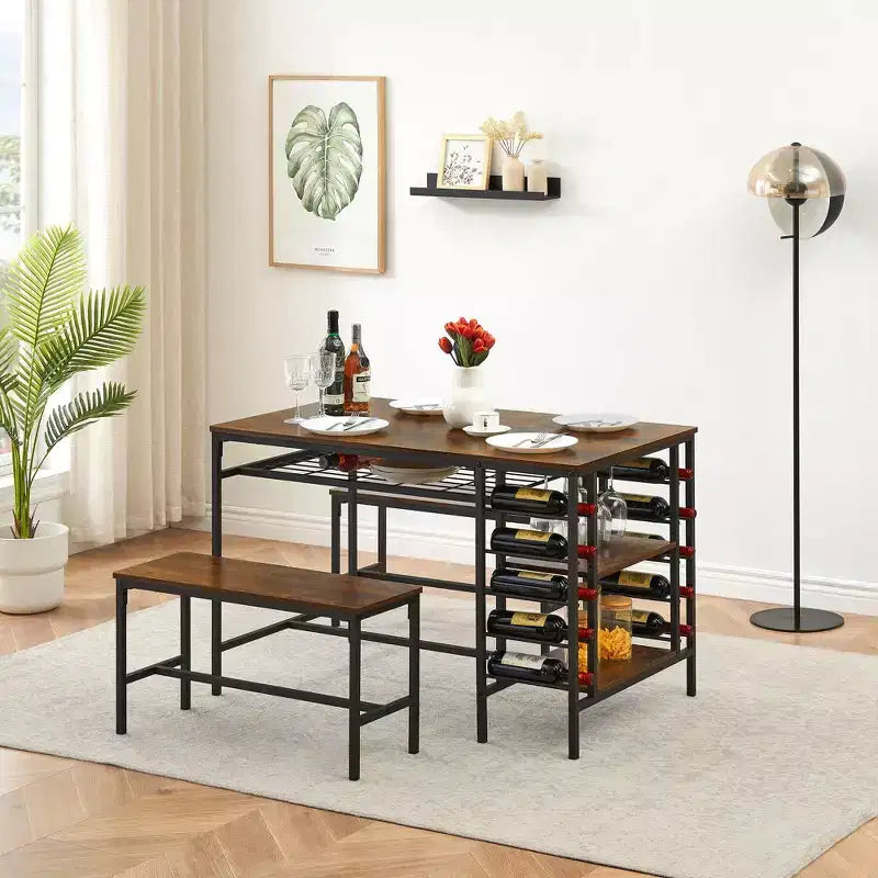 TRINITY Dining Table Set for 4, Kitchen Table Set for 4 with 2 Benches, Rectangular Dining Room Table Set with Wine Rack & Storage Shelves