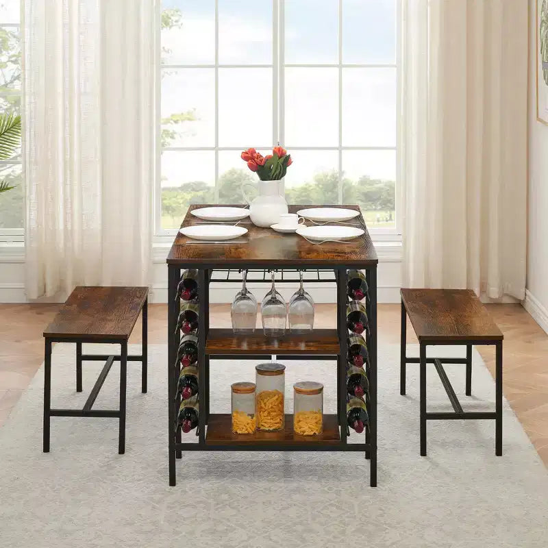 TRINITY Dining Table Set for 4, Kitchen Table Set for 4 with 2 Benches, Rectangular Dining Room Table Set with Wine Rack & Storage Shelves