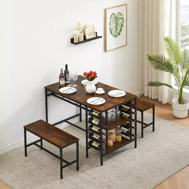 TRINITY Dining Table Set for 4, Kitchen Table Set for 4 with 2 Benches, Rectangular Dining Room Table Set with Wine Rack & Storage Shelves