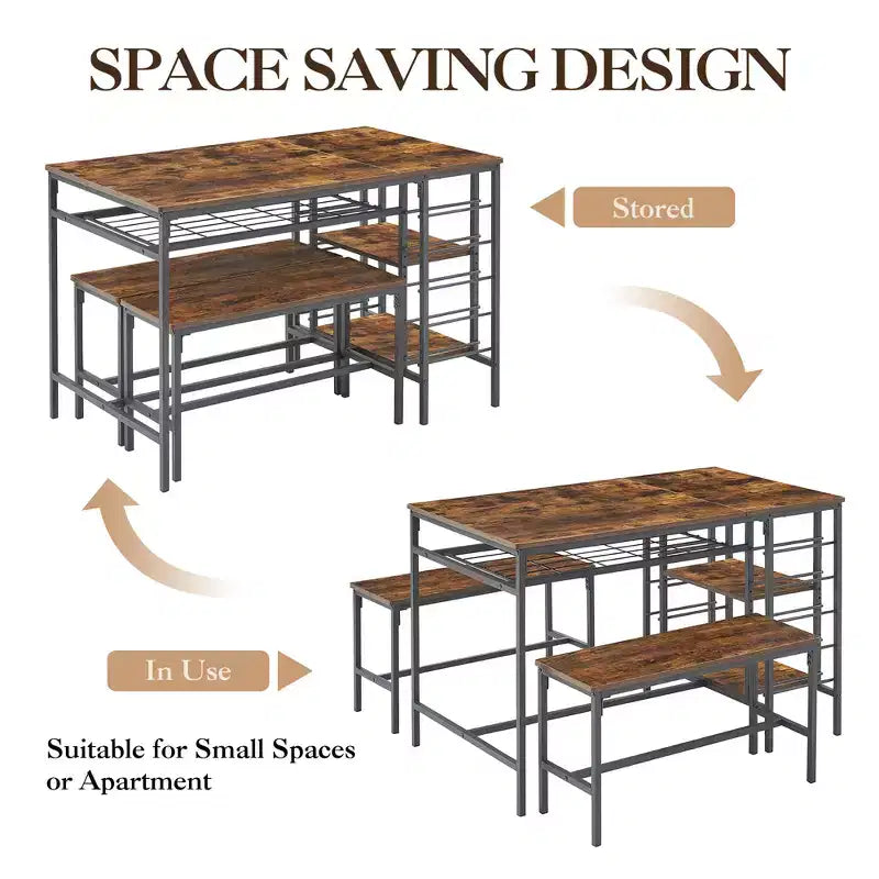 TRINITY Dining Table Set for 4, Kitchen Table Set for 4 with 2 Benches, Rectangular Dining Room Table Set with Wine Rack & Storage Shelves
