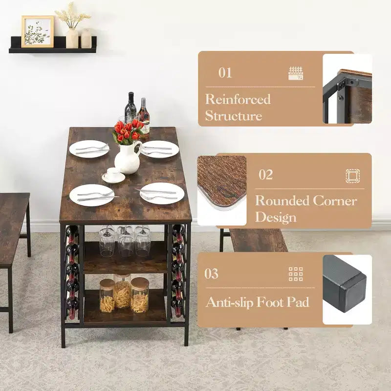 TRINITY Dining Table Set for 4, Kitchen Table Set for 4 with 2 Benches, Rectangular Dining Room Table Set with Wine Rack & Storage Shelves