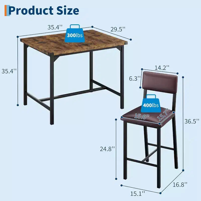 3-Piece Kitchen Table Set, with 2 Upholstered Bar Stools