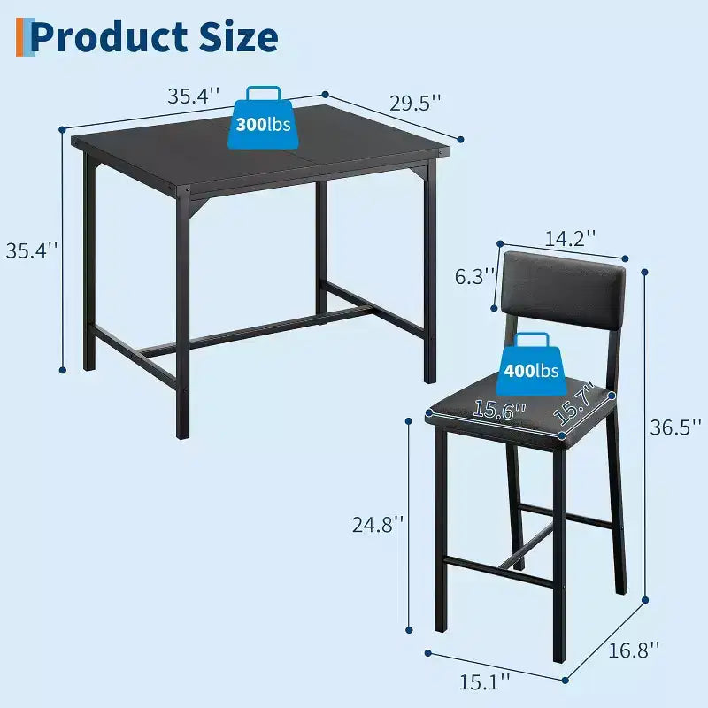 3-Piece Kitchen Table Set, with 2 Upholstered Bar Stools