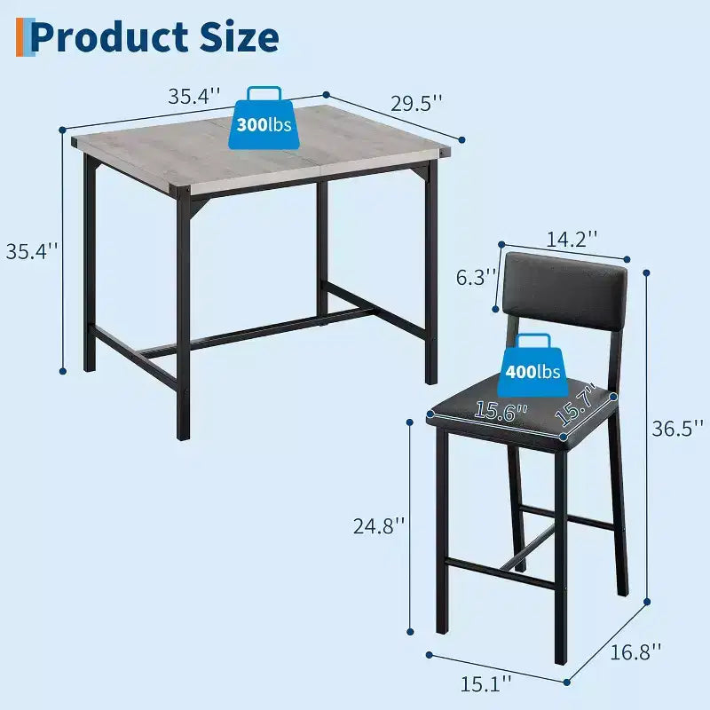 3-Piece Kitchen Table Set, with 2 Upholstered Bar Stools