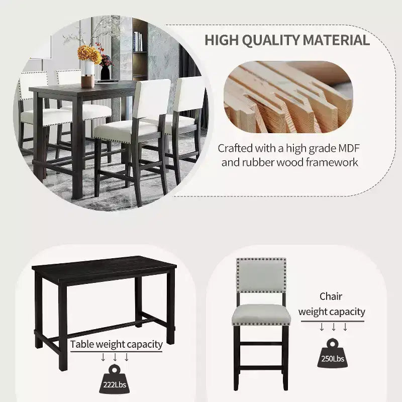 GDFStudio Mark 5 Piece Counter Height Dining Set with Elegant Table and Upholstered Chairs