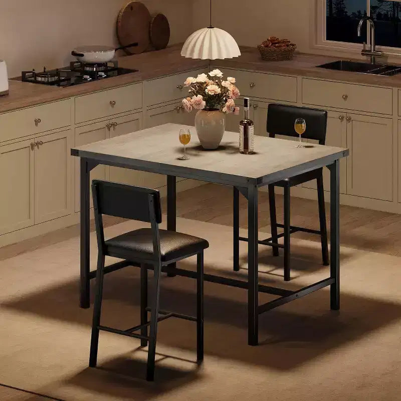 Acekool 5-Piece Counter Height Dining Table Set with Footrest & Corner Guard, 4 Upholstered Stools with Backrest, Space-Saving, Rustic Brown