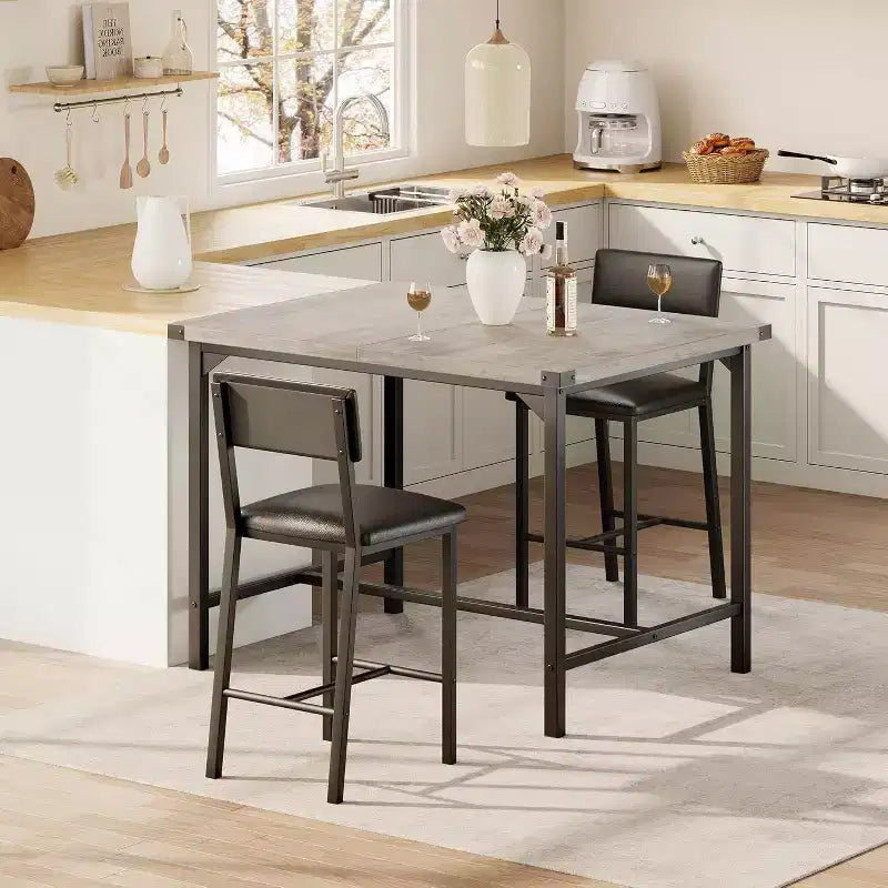 Acekool 5-Piece Counter Height Dining Table Set with Footrest & Corner Guard, 4 Upholstered Stools with Backrest, Space-Saving, Rustic Brown