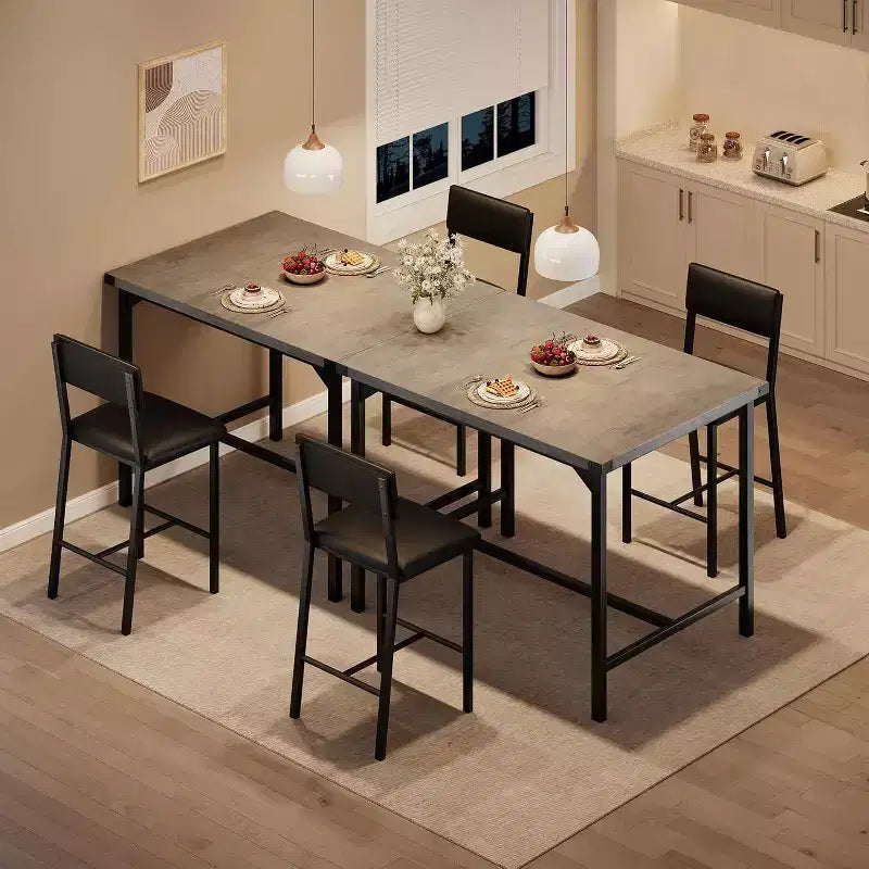 Acekool 5-Piece Counter Height Dining Table Set with Footrest & Corner Guard, 4 Upholstered Stools with Backrest, Space-Saving, Rustic Brown
