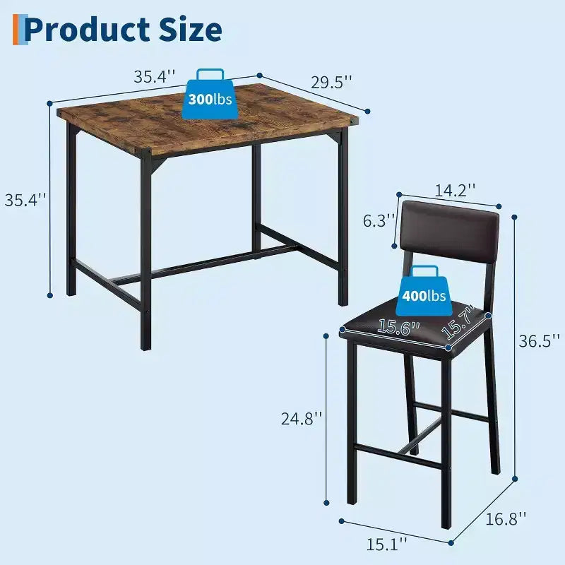 Acekool 5-Piece Counter Height Dining Table Set with Footrest & Corner Guard, 4 Upholstered Stools with Backrest, Space-Saving, Rustic Brown