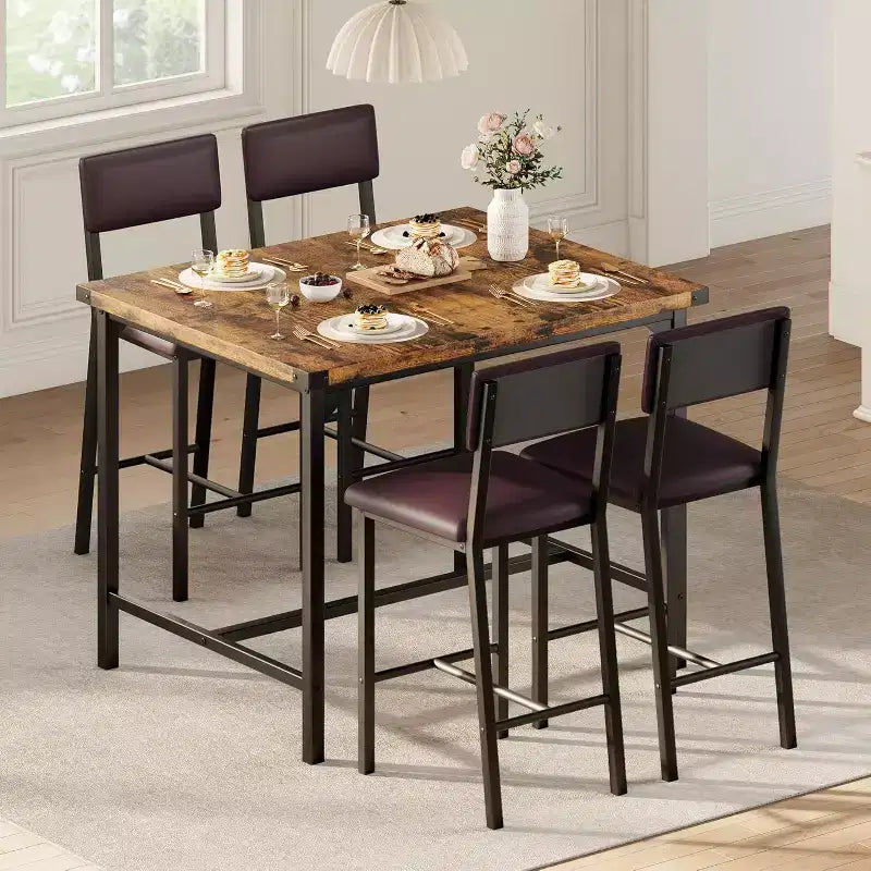 Acekool 5-Piece Counter Height Dining Table Set with Footrest & Corner Guard, 4 Upholstered Stools with Backrest, Space-Saving, Rustic Brown