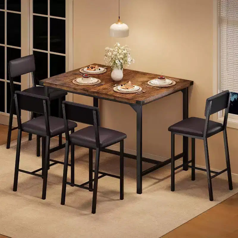 Acekool 5-Piece Counter Height Dining Table Set with Footrest & Corner Guard, 4 Upholstered Stools with Backrest, Space-Saving, Rustic Brown