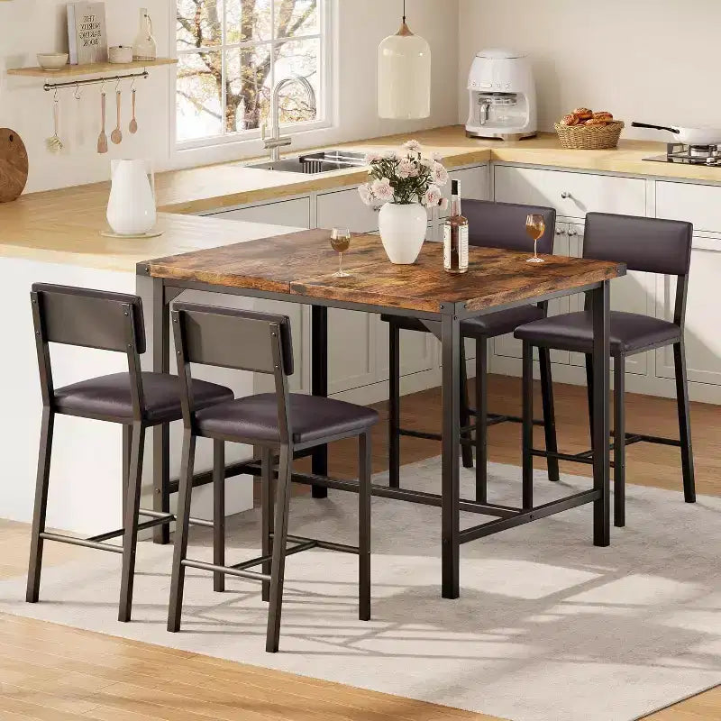 Acekool 5-Piece Counter Height Dining Table Set with Footrest & Corner Guard, 4 Upholstered Stools with Backrest, Space-Saving, Rustic Brown