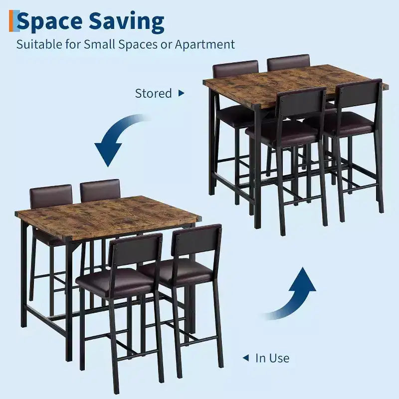 Acekool 5-Piece Counter Height Dining Table Set with Footrest & Corner Guard, 4 Upholstered Stools with Backrest, Space-Saving, Rustic Brown