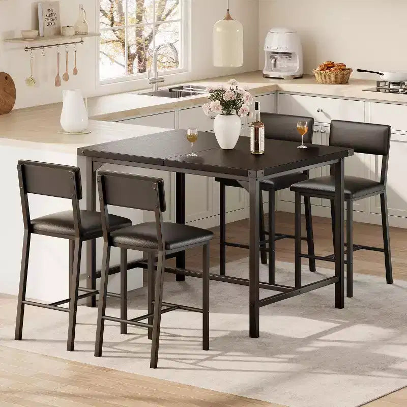 Acekool 5-Piece Counter Height Dining Table Set with Footrest & Corner Guard, 4 Upholstered Stools with Backrest, Space-Saving, Rustic Brown
