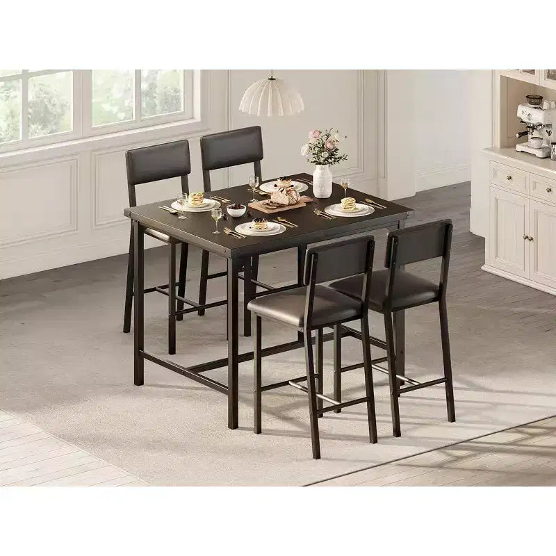 Acekool 5-Piece Counter Height Dining Table Set with Footrest & Corner Guard, 4 Upholstered Stools with Backrest, Space-Saving, Rustic Brown