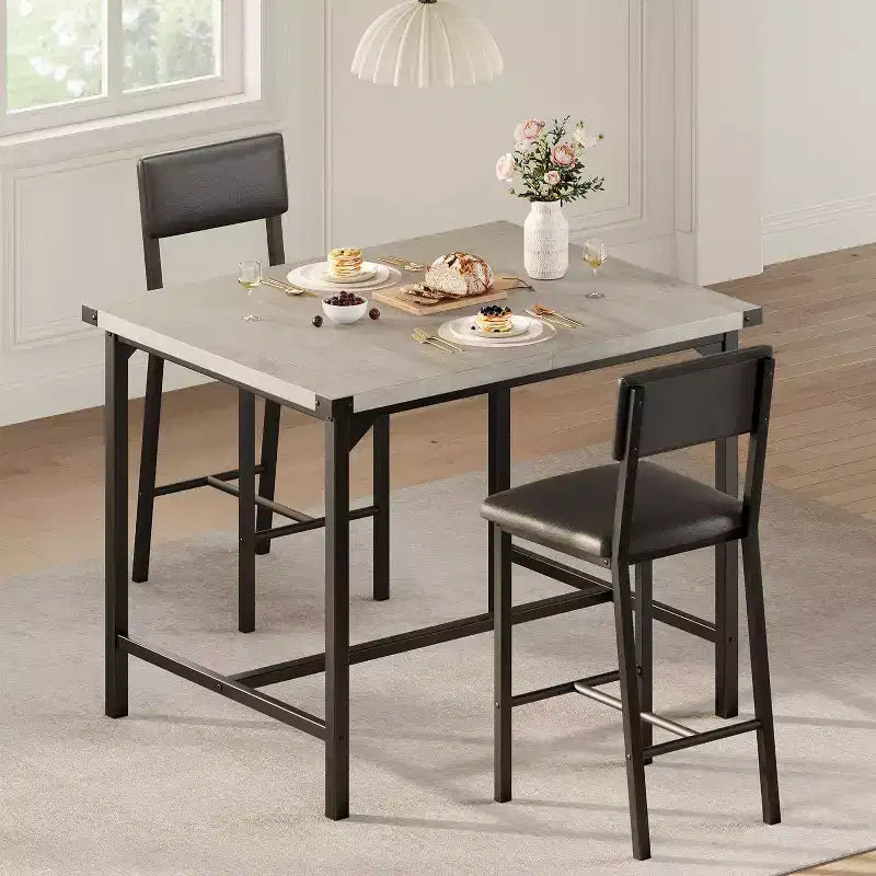 Ensemble de salle à manger Acekool 5 pièces hauteur comptoir avec repose-pieds et protection d'angle, 4 tabourets rembourrés avec dossier, peu encombrant, marron rustique