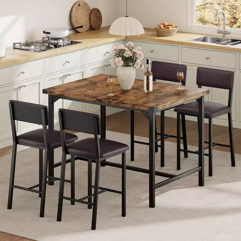 Ensemble de salle à manger Acekool 5 pièces hauteur comptoir avec repose-pieds et protection d'angle, 4 tabourets rembourrés avec dossier, peu encombrant, marron rustique