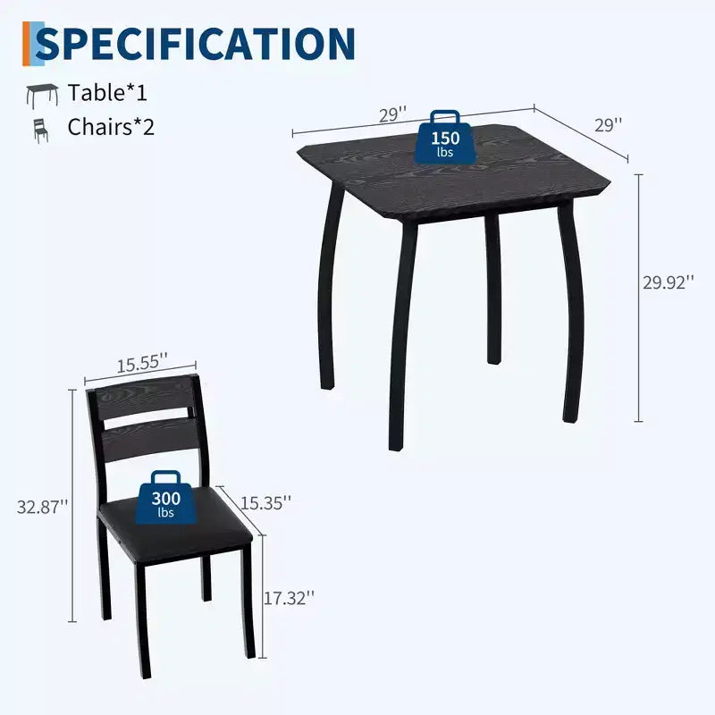 Ensemble table et chaises de salle à manger pour 2, table de cuisine 3 pièces de style fermier avec chaises rembourrées, table et chaises de salle à manger à structure métallique