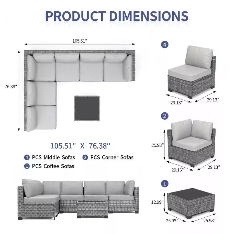 Patio Furniture Set 7 Pieces Outdoor Rattan with Detachable Soft Cushions Patio Conversation Sets Waterproof Patio Sectional Sofa with Glass Top Table