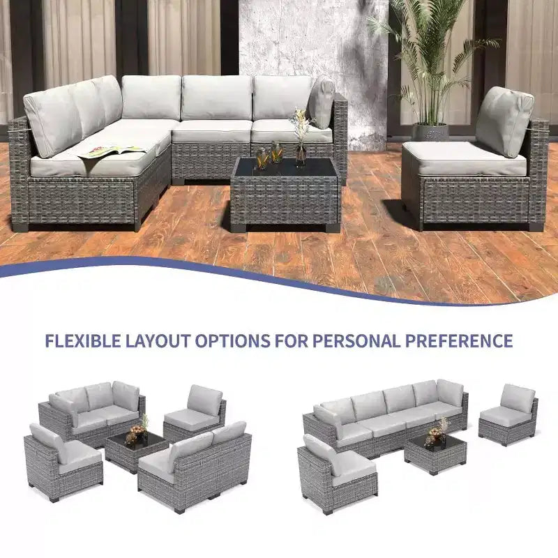 Patio Furniture Set 7 Pieces Outdoor Rattan with Detachable Soft Cushions Patio Conversation Sets Waterproof Patio Sectional Sofa with Glass Top Table