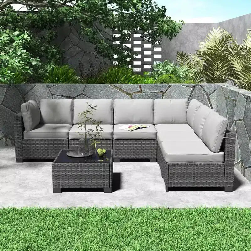 Patio Furniture Set 7 Pieces Outdoor Rattan with Detachable Soft Cushions Patio Conversation Sets Waterproof Patio Sectional Sofa with Glass Top Table