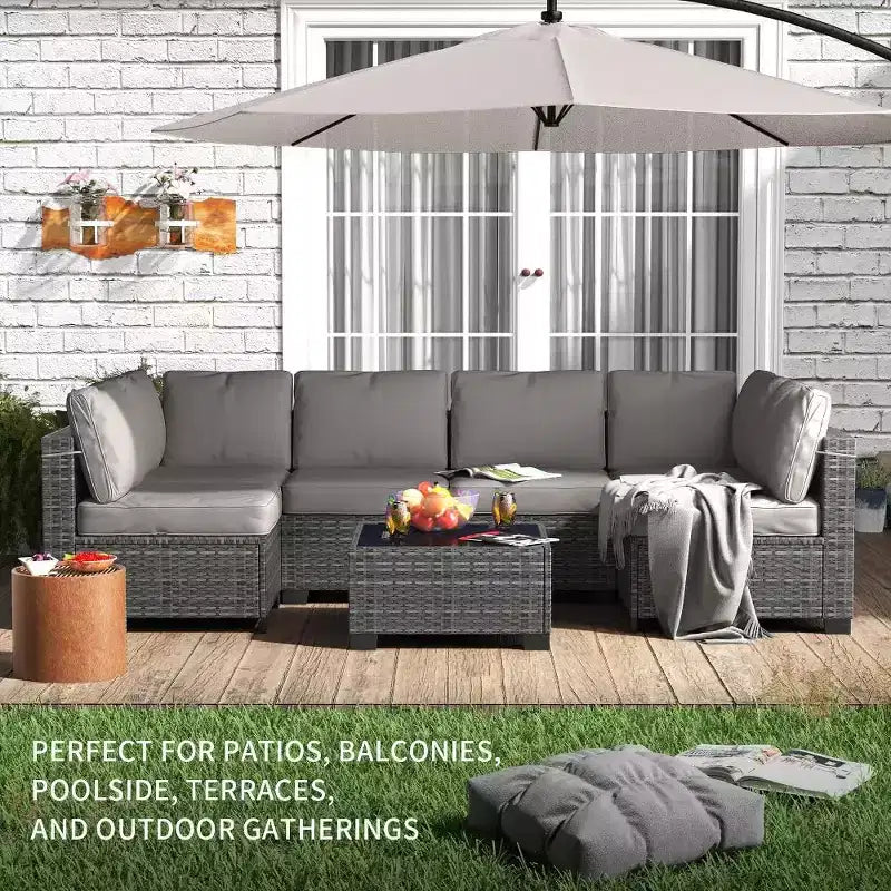 Patio Furniture Set 7 Pieces Outdoor Rattan with Detachable Soft Cushions Patio Conversation Sets Waterproof Patio Sectional Sofa with Glass Top Table