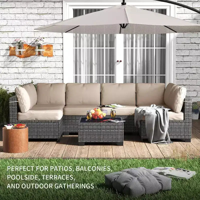 Patio Furniture Set 7 Pieces Outdoor Rattan with Detachable Soft Cushions Patio Conversation Sets Waterproof Patio Sectional Sofa with Glass Top Table