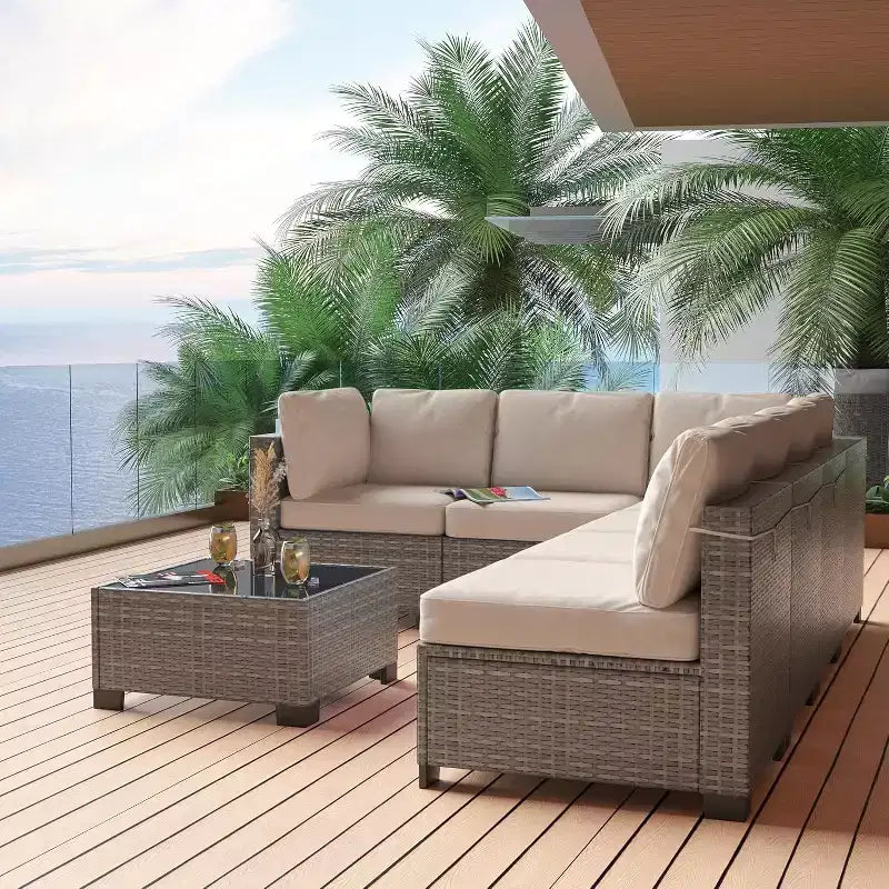 Patio Furniture Set 7 Pieces Outdoor Rattan with Detachable Soft Cushions Patio Conversation Sets Waterproof Patio Sectional Sofa with Glass Top Table