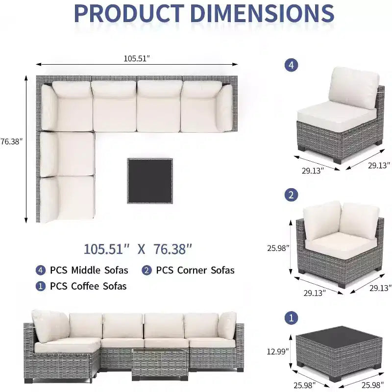 Patio Furniture Set 7 Pieces Outdoor Rattan with Detachable Soft Cushions Patio Conversation Sets Waterproof Patio Sectional Sofa with Glass Top Table