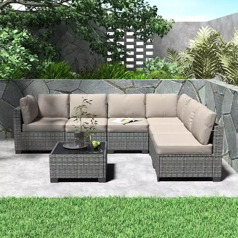 Patio Furniture Set 7 Pieces Outdoor Rattan with Detachable Soft Cushions Patio Conversation Sets Waterproof Patio Sectional Sofa with Glass Top Table