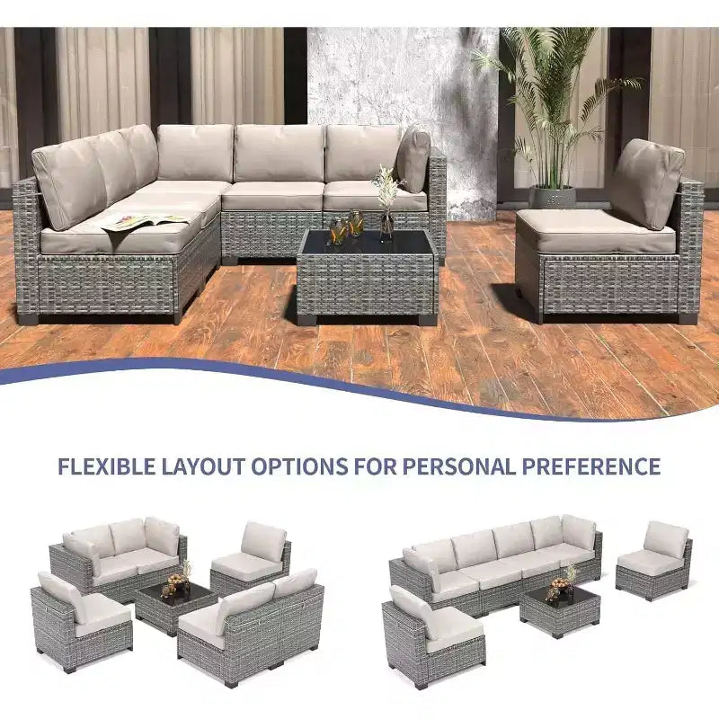 Patio Furniture Set 7 Pieces Outdoor Rattan with Detachable Soft Cushions Patio Conversation Sets Waterproof Patio Sectional Sofa with Glass Top Table